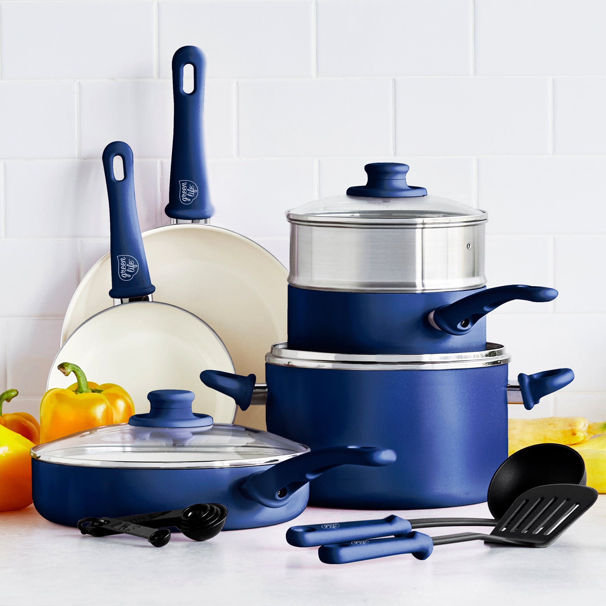 Healthy Non-Toxic Nonstick Cookware Sets - Soft Grip 23-Piece Cookware Set in Blue - by GreenLife
