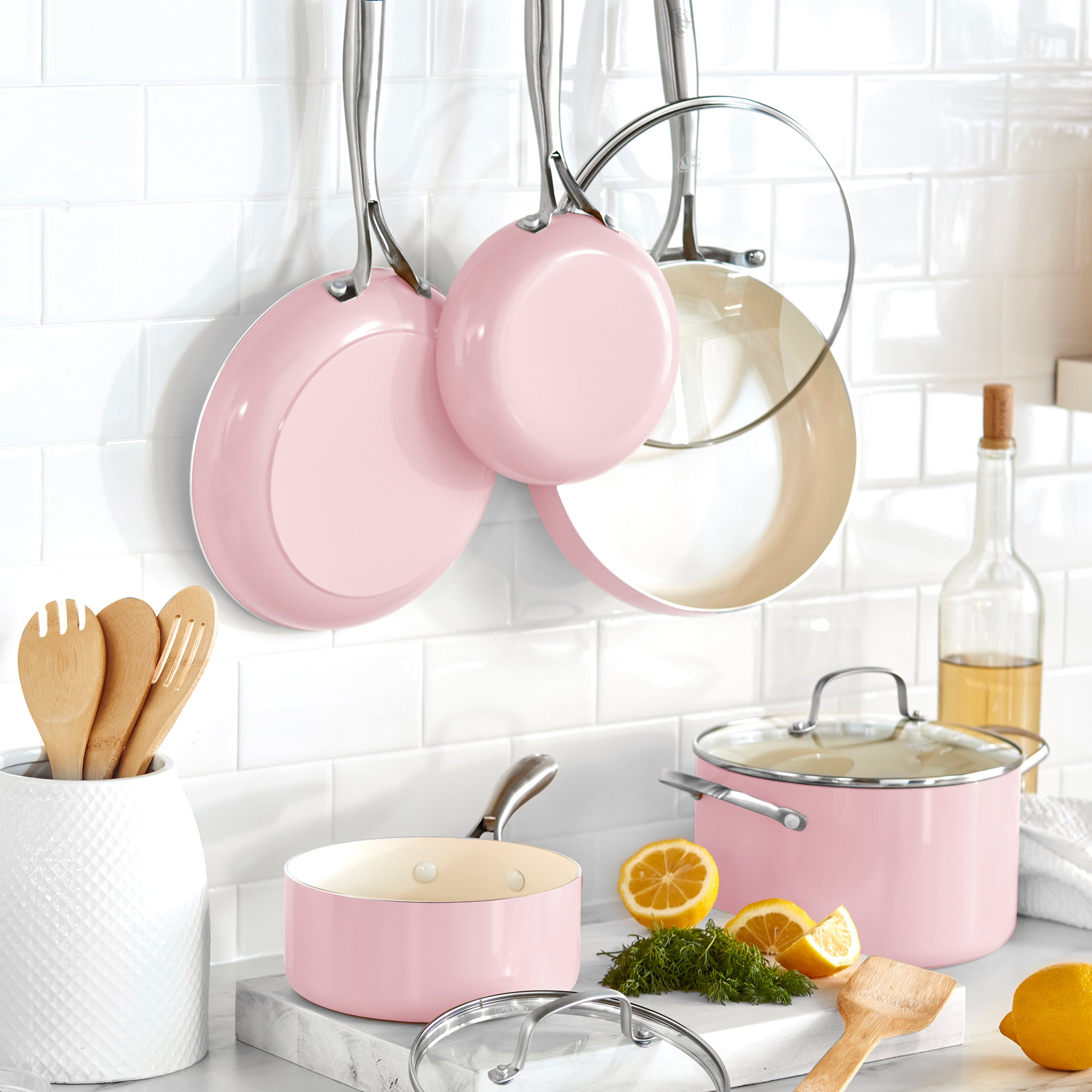 Ceramic Cookware Set Non Stick 16 Pcs Lids Pots Pans Kitchen, Bright Pink