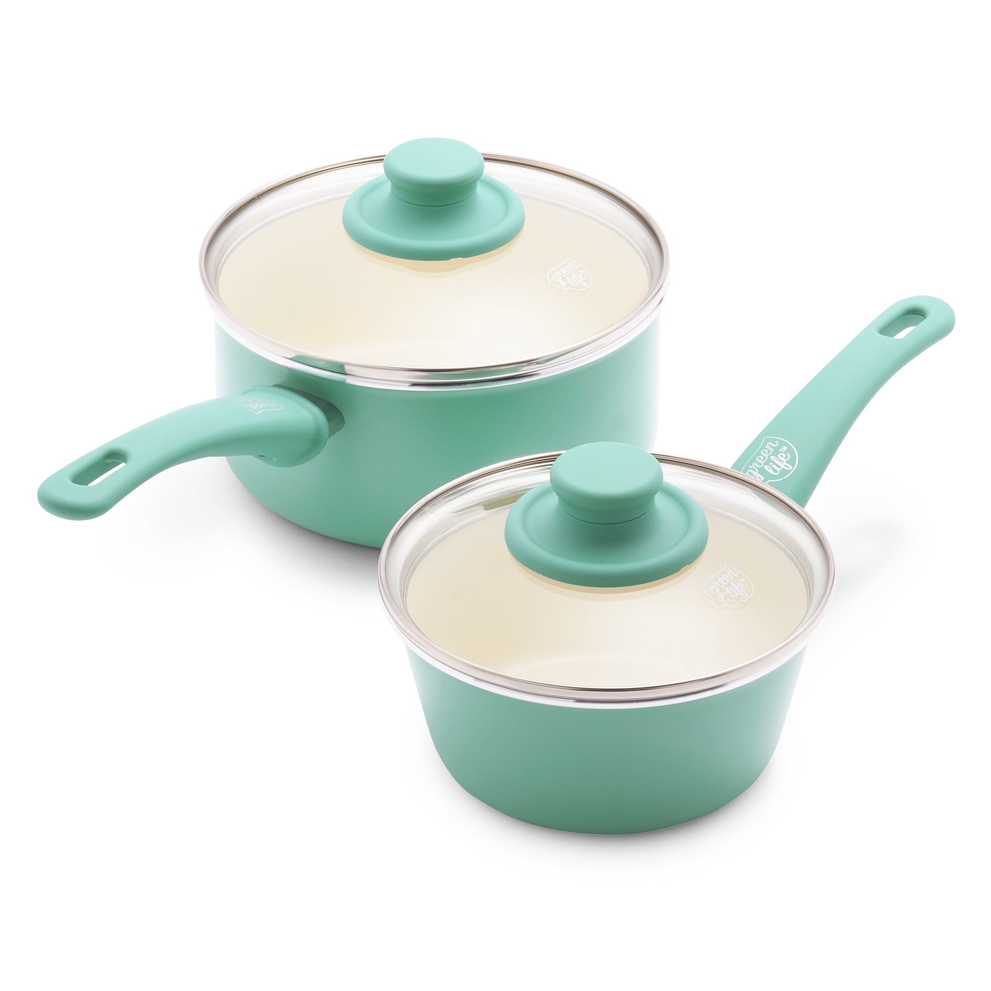 GreenLife Soft Grip Healthy Ceramic Nonstick, 1qt and 2qt Saucepan Pot Set with Lids, Dishwasher Safe Color: Black/Cream CC005282-001