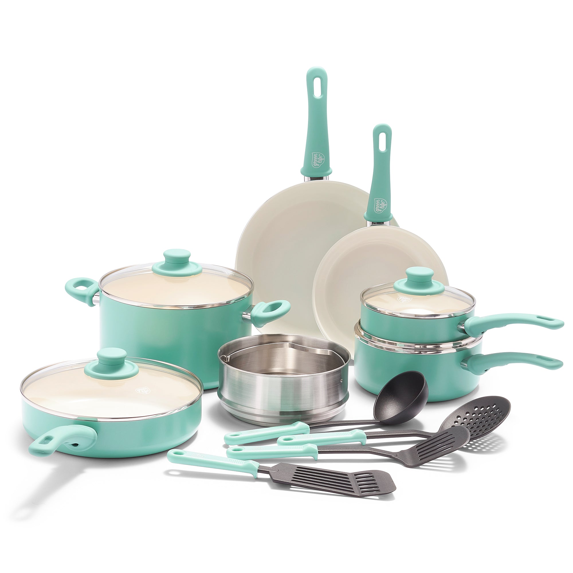 GreenLife 18-Piece Soft Grip Toxin-Free Healthy Ceramic Non-Stick Cookware Set, Yellow, Dishwasher Safe