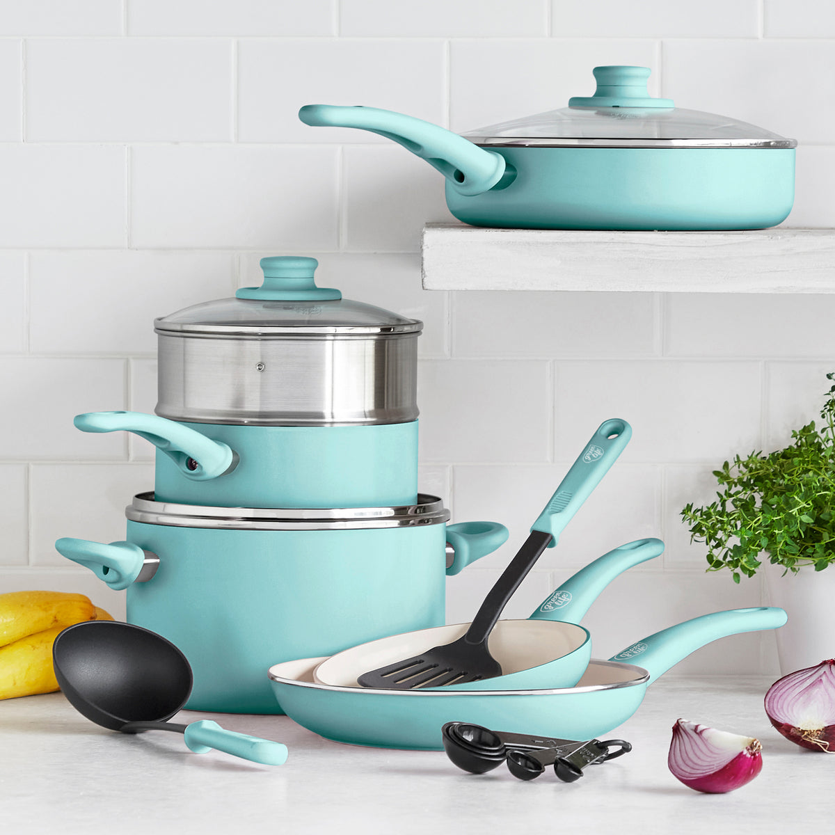 GreenLife Artisan Healthy Ceramic Nonstick, 12 Piece Cookware Pots and Pans Set in Turquoise