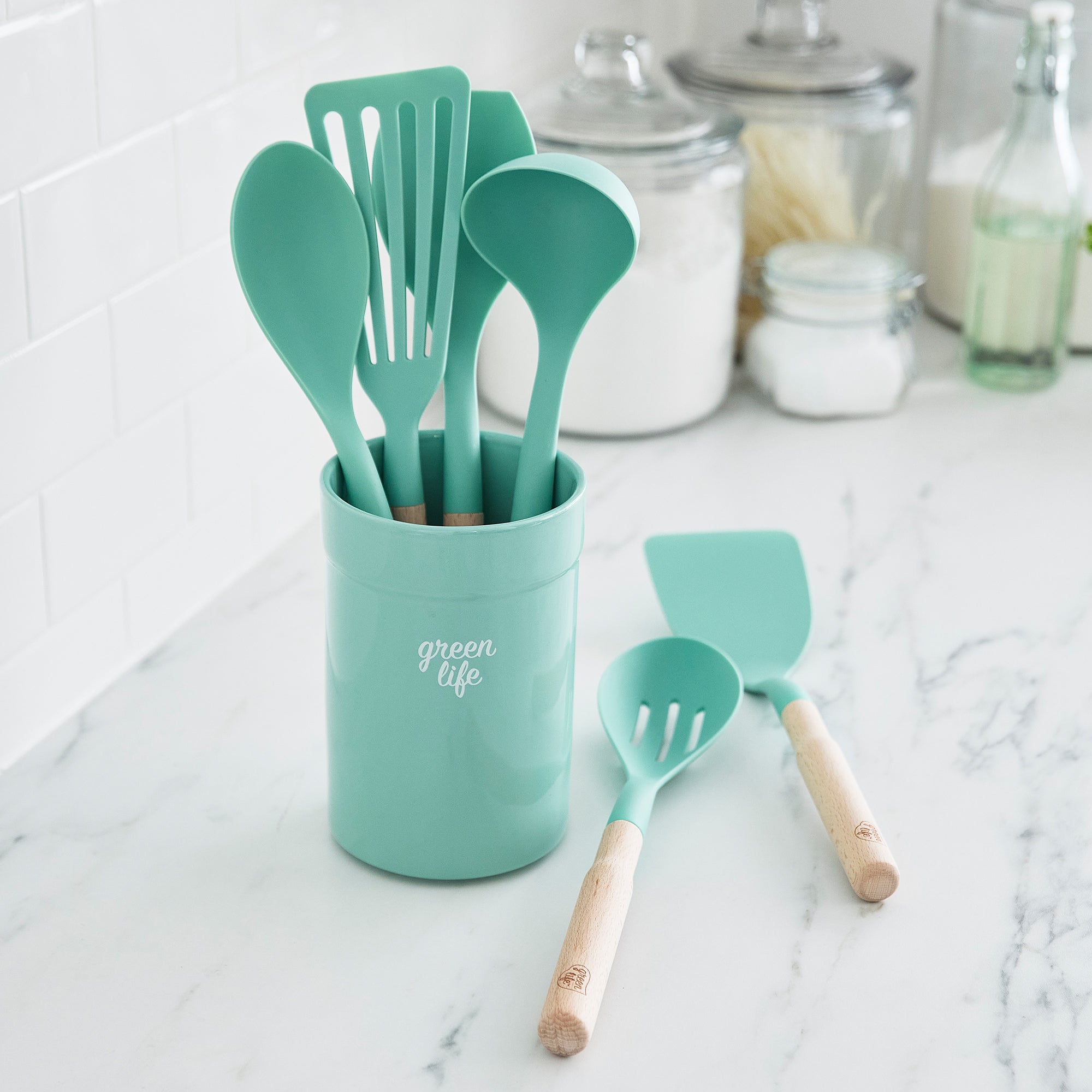 Kitchen Silicone Cooking Utensil 13-Piece Set with Stand, Wood